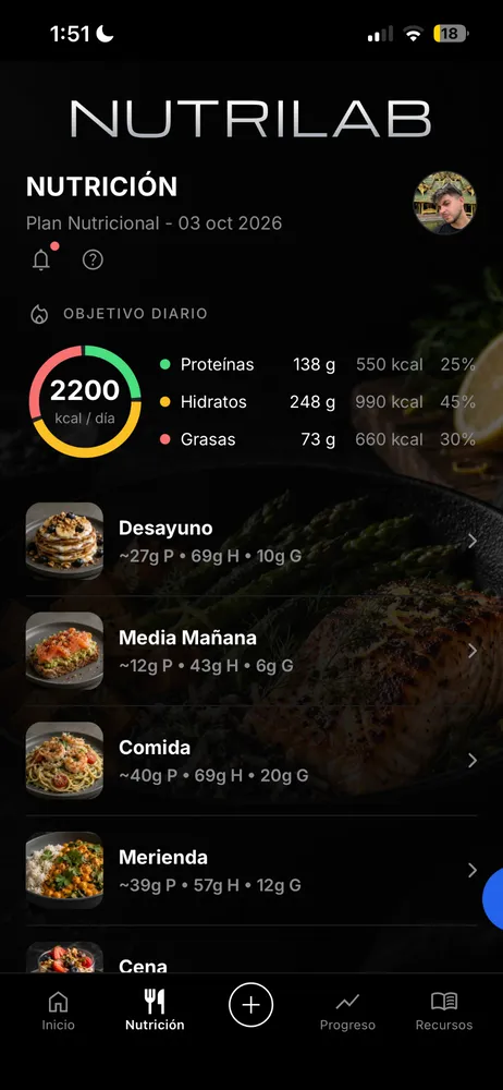 Pantalla de nutrición de la app con el objetivo diario y las comidas